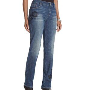 Chico's Platinum Floral Embroidered Boyfriend Jeans With Rhinestones Size 4